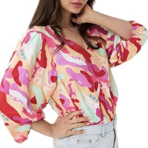 Esqualo Heat Wave Boho Retro Colourful Balloon Sleeve Blouse Size 4 Pink Orange